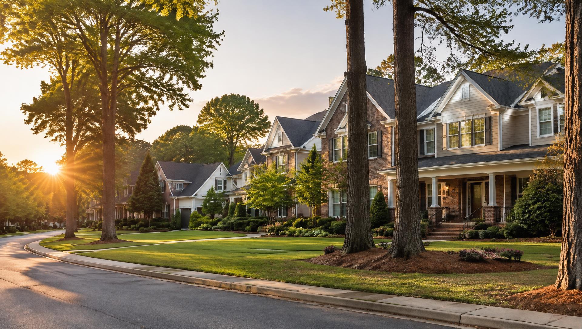 Tree-lined residential street with brick and craftsman homes at golden hour (illustrative image)